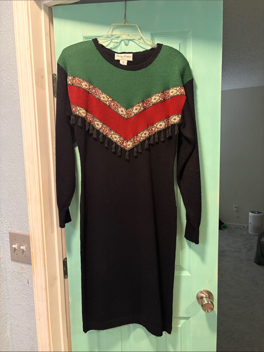 Vintage Black Knit Dress with Green & Red Chevron Detail